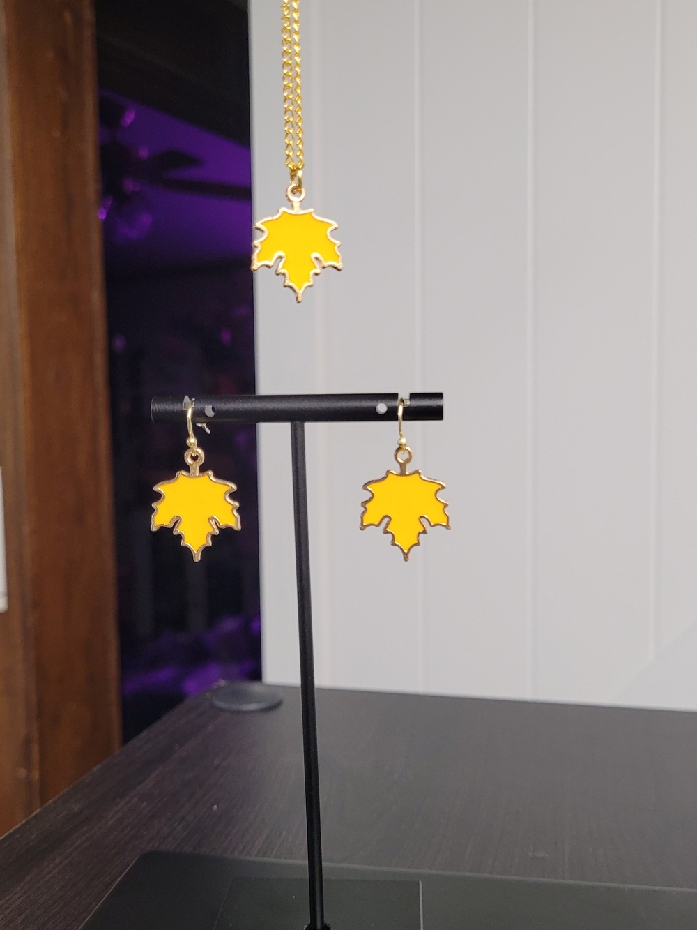 Hand Crafted Yellow Enamel Maple Leaf Necklace and Earrings Set